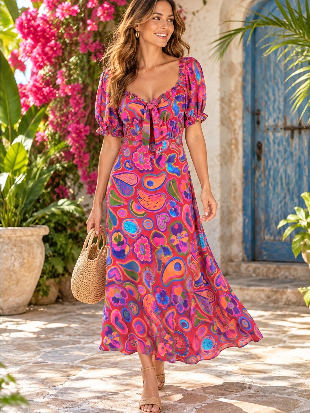 Vibrant Pink Floral Paisley Midi Dress with Tie Front